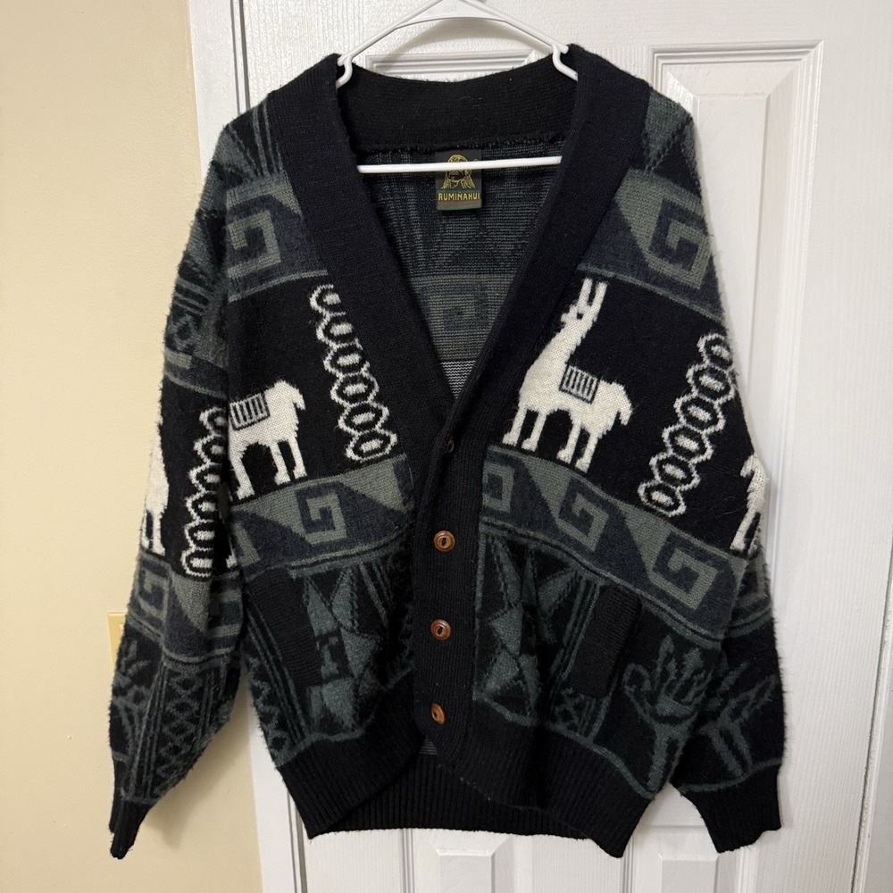 Vintage Tejidos Ruminahui Sweater Adult XL Wool Cardigan Aztec Alpaca Llama